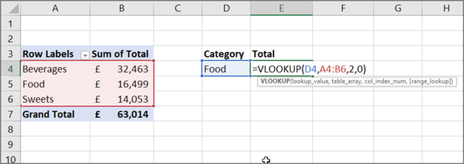 vlookup function from pivot table data